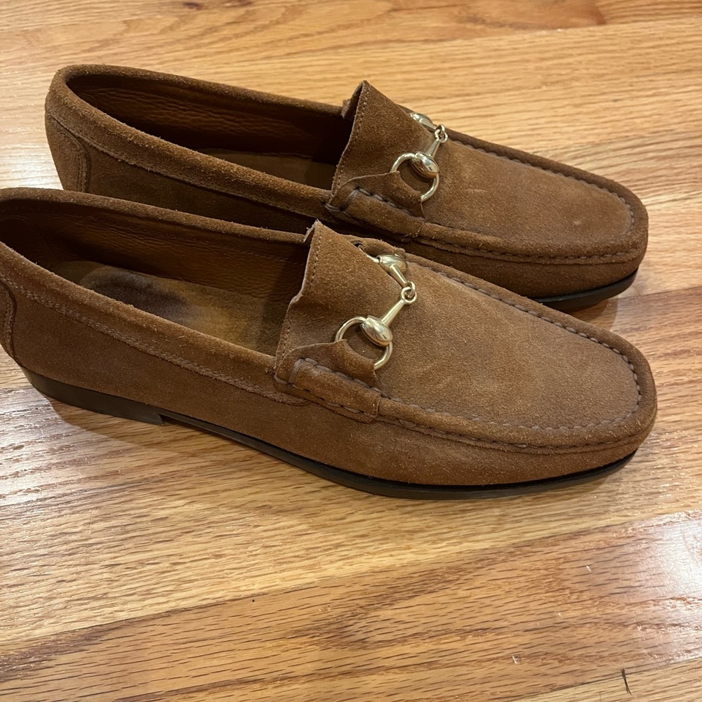 Gucci Brown Suede Loafers with Gold Accent